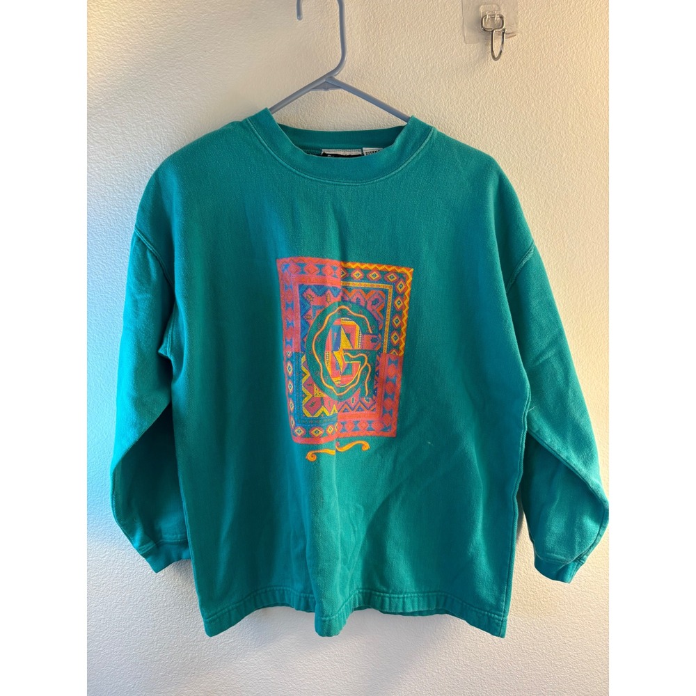 Vintage Gitano Teal Green Geometric Graphic Sweatshirt Cotton Small